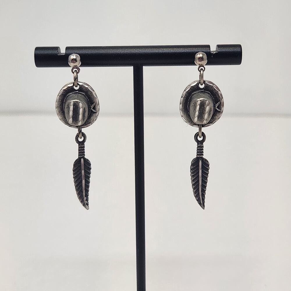 Cowboy Hat Feather Oxidized Silver Tone Dangle Post Earrings Western Rodeo